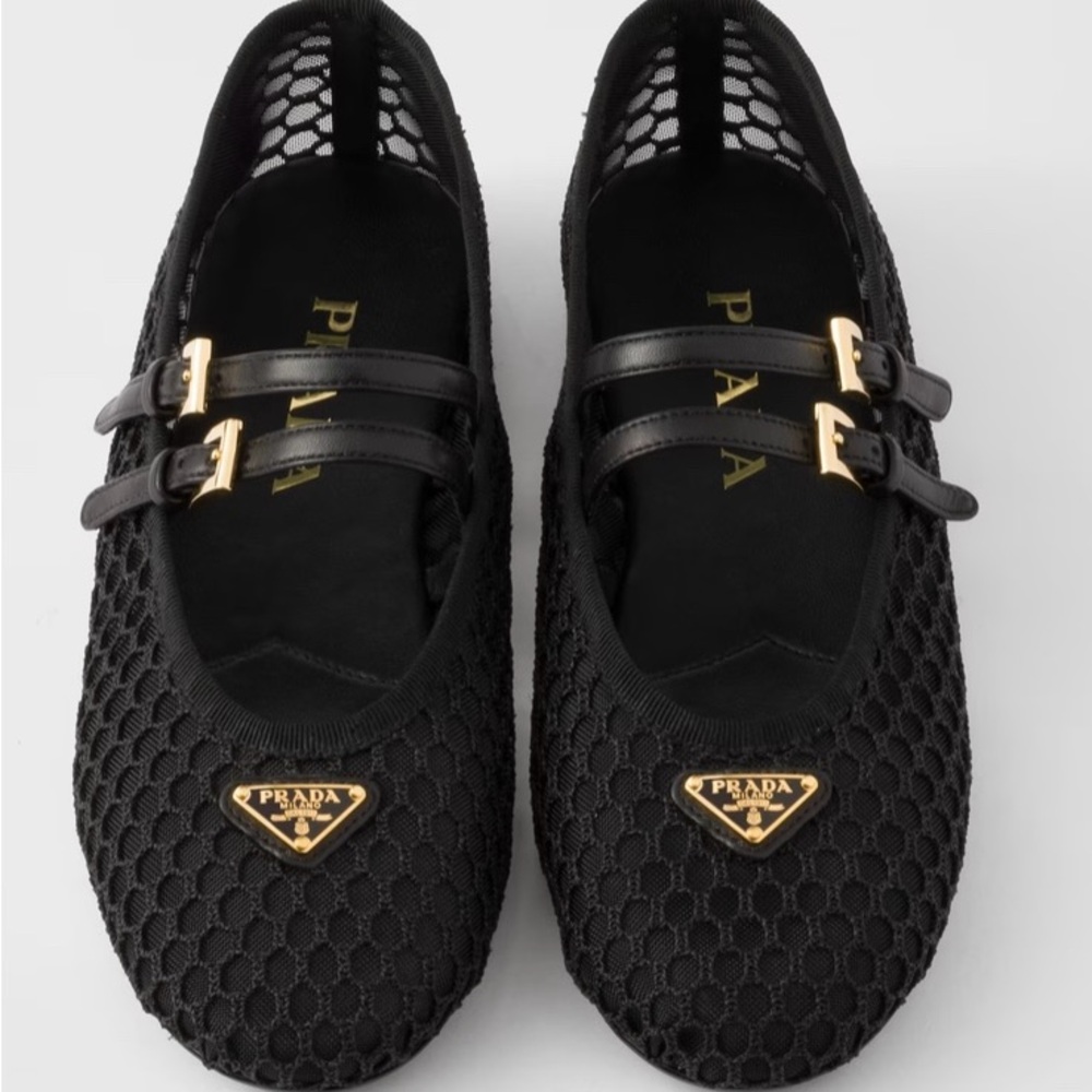 Prada Women's Black Mesh Loafers with Gold Accents